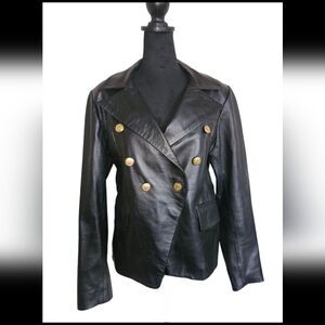 Vintage Real Leather Black Double Breasted Gold  Button-up Leather Jacke…